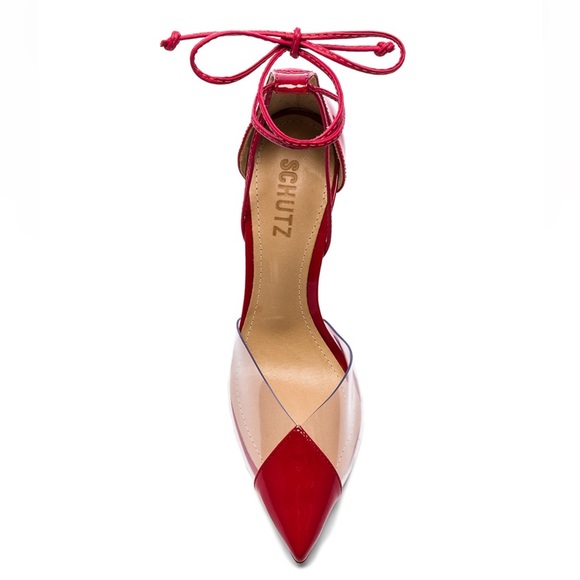 Schutz deep red patent leather and PVC ankle wrap heels - Picture 3 of 15